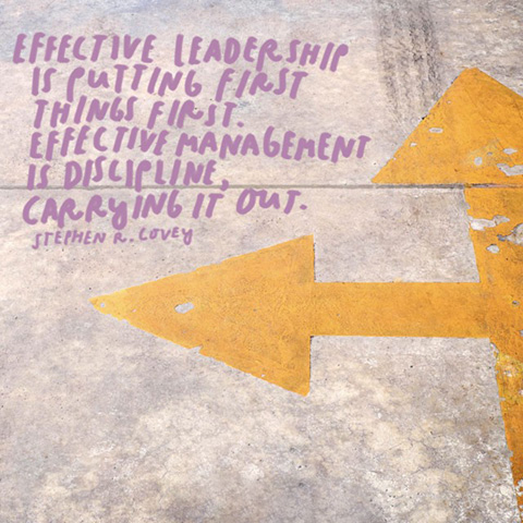 Image of arrows on pavement with the quote: Effective leadership is putting first things first. Effective management is discipline, carrying it out. - Stephen R. Lovey