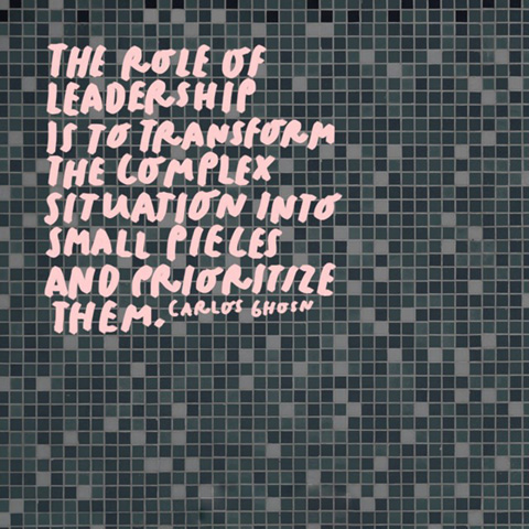 Image of a tiled floor with the quote: The role of leadership is to transform the complex situation into small pieces and prioritize them.