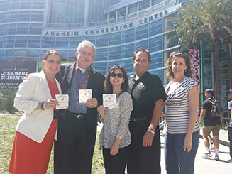 Photo of Anaheim Convention Center receives the Waste Not OC Window Seal - From L to R: Debbie Juliani (Director of Marketing and VIP Events), Jim Tripp (General Manager), Bernadet Garcia-Silva (Project Manager, WNOC), Dr. Eric Handler, Patti Larson (Executive Director, Food Finders).