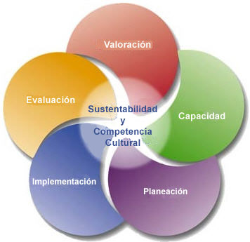 Imagen representando el marco estratégico para la prevención muestra cinco círculos traslapados de colores con “sustentabilidad y competencia cultural” en el centro; las cinco frases son: valoración; capacidad; planeación; implementación; evaluación.