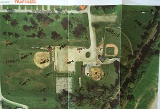 Photo of An example of one of the soil sampling maps. This one shows the Montpelier baseball fields, formerly the site of National Window and Bent Glass Company.