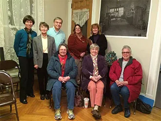 Photo of A meeting of the Blackford County Concerned Citizens at the Blackford County Historical Society. The Historical Society provided maps and research materials on the county’s industrial history and the locations of glass factories and oil and gas wells.